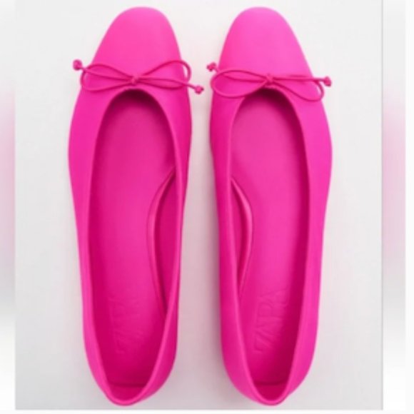 Zara Bow Trim Leather Pink Ballet Flats Fuchsia Barbiecore Size 37 - Picture 6 of 11